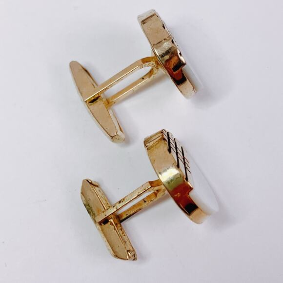 Vintage Modernist Geometric Cufflinks Mother Of Pearl Gold Tone 1960s 1970s - Picture 6 of 10